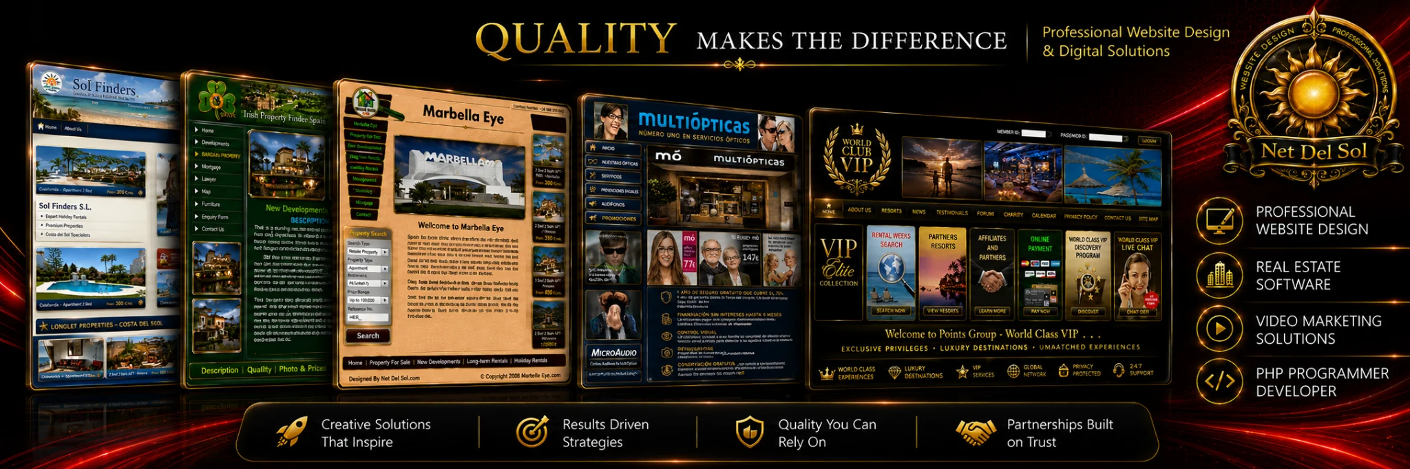 Net Del Sol website portfolio hero slide showing Quality Makes The Difference and selected portfolio panels.