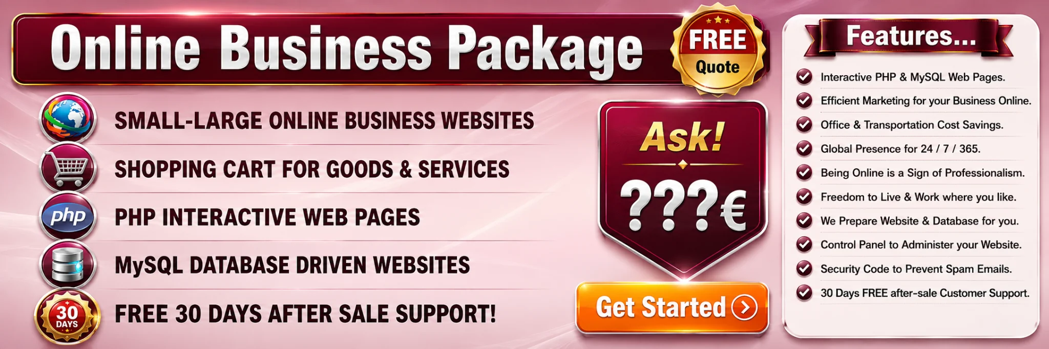 Net Del Sol online business package hero slide with free quote and PHP MySQL website features.