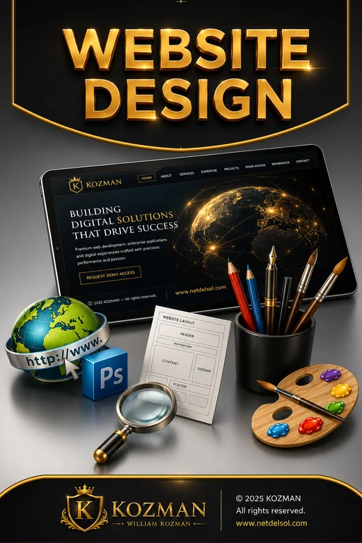Net Del Sol website design service pillar with gold premium web design artwork.