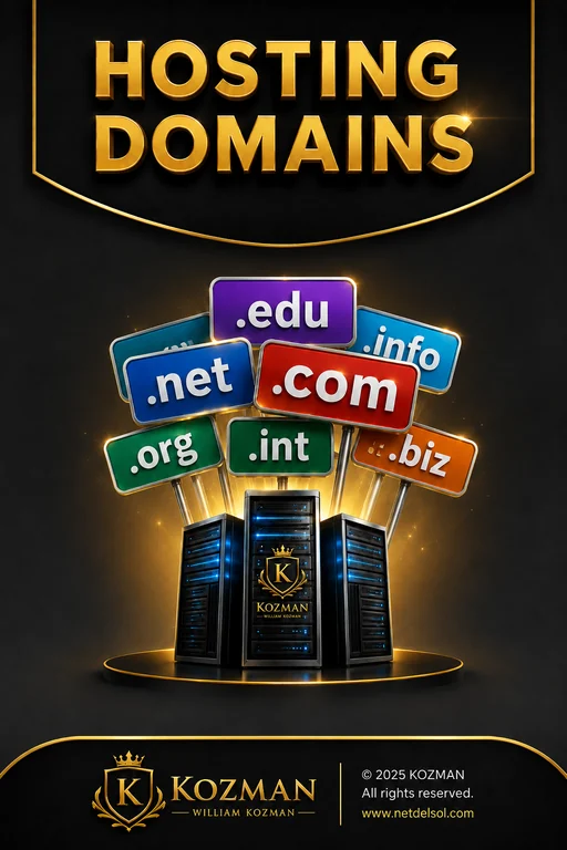 Net Del Sol hosting domains service pillar with domain and server artwork.