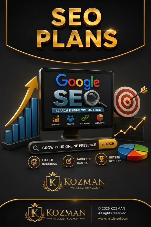 Net Del Sol SEO plans service pillar showing search engine optimization and growth charts.