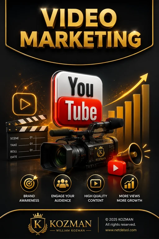 Net Del Sol video marketing service pillar with YouTube and camera artwork.