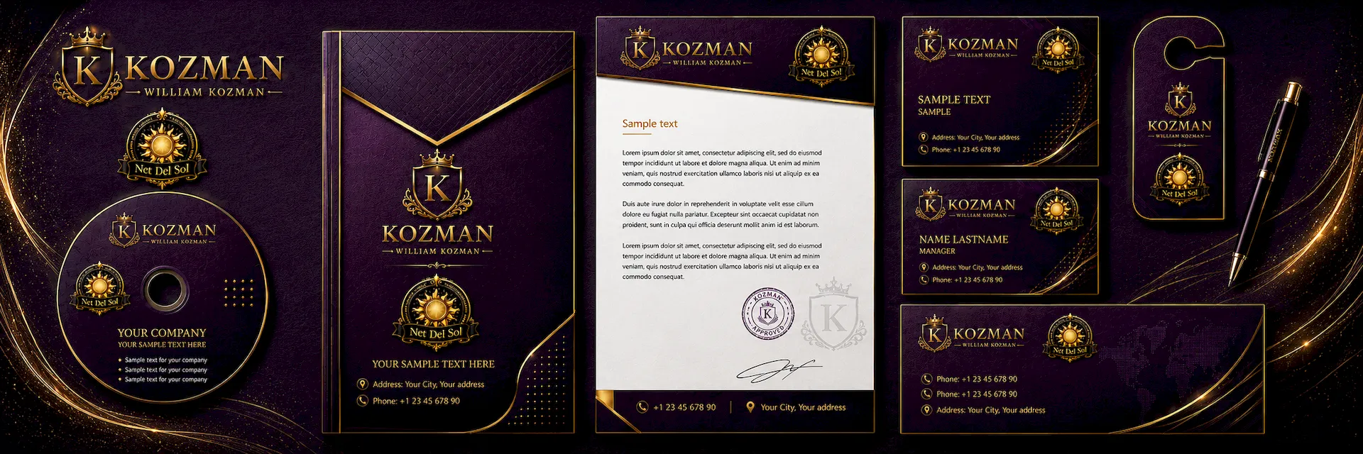 Net Del Sol premium company branding and corporate identity design slide in aubergine style