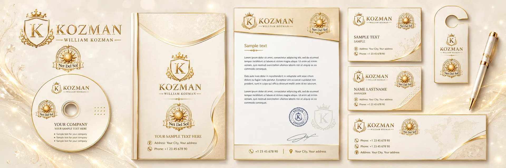 Net Del Sol premium company branding and corporate identity design slide in beige style