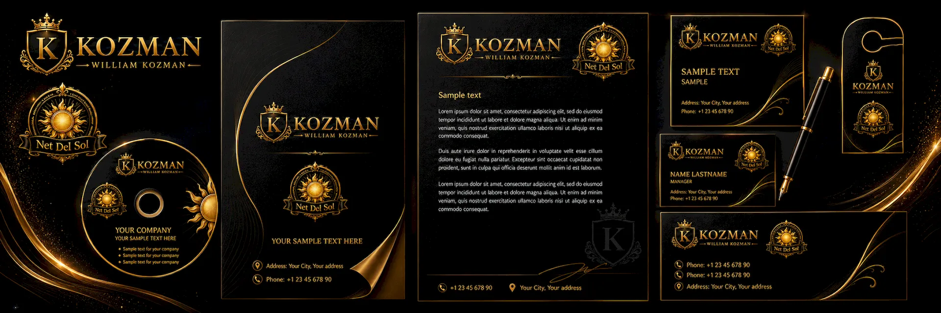 Net Del Sol premium company branding and corporate identity design slide in black style