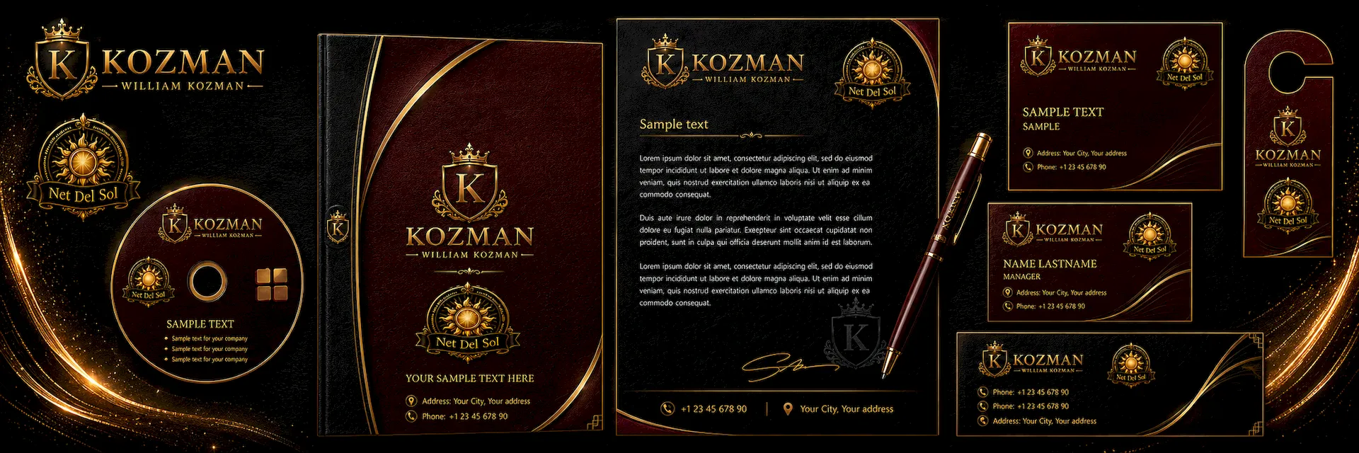 Net Del Sol premium company branding and corporate identity design slide in portwine style