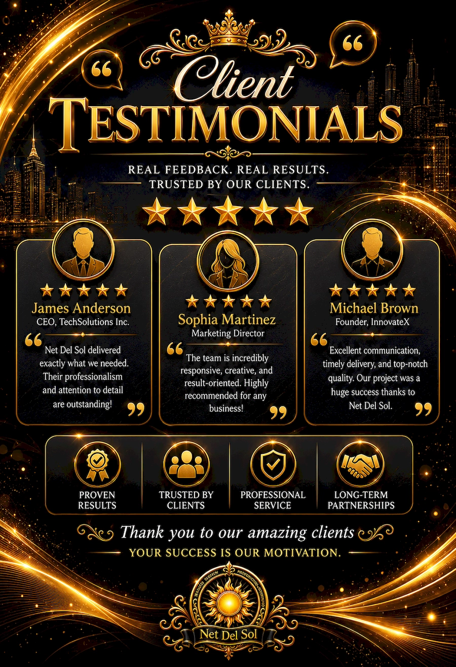 Net Del Sol client testimonials design with gold stars and premium black-and-gold customer review layout