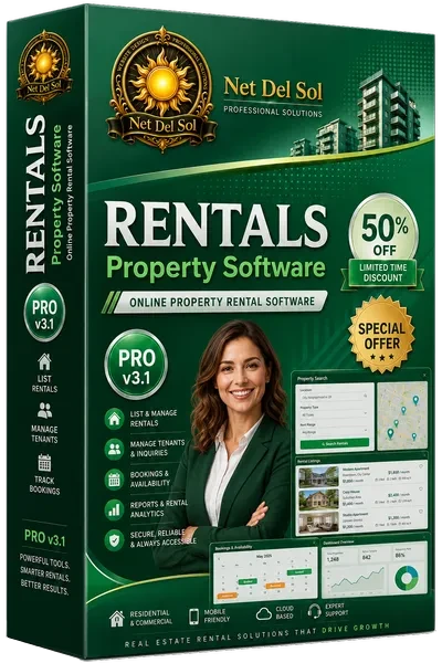 Property listing software rentals interface artwork from Net Del Sol